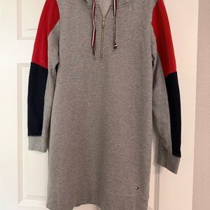 Gray Hoodie Dress with Red and Black Sleeves